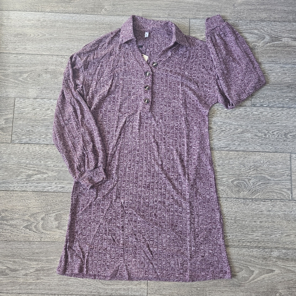 EKOUAER Long Sleeve Mauve Ribbed Knit Collared Sleep Dress Loungewear